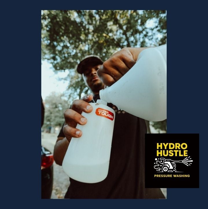 Jeremiah Adams of Hydro Hustle mixing cleaning solution into a pump sprayer before a soft wash in Arlington, Texas