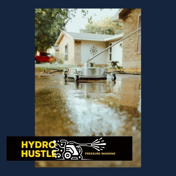 Rotary surface cleaner washing a driveway in front of a brick home in Arlington, Texas
