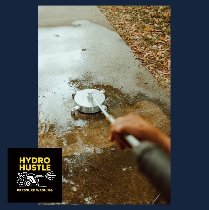 Concrete sidewalk in Arlington, Texas being cleaned with a rotary surface cleaner, cleaned section visible ahead