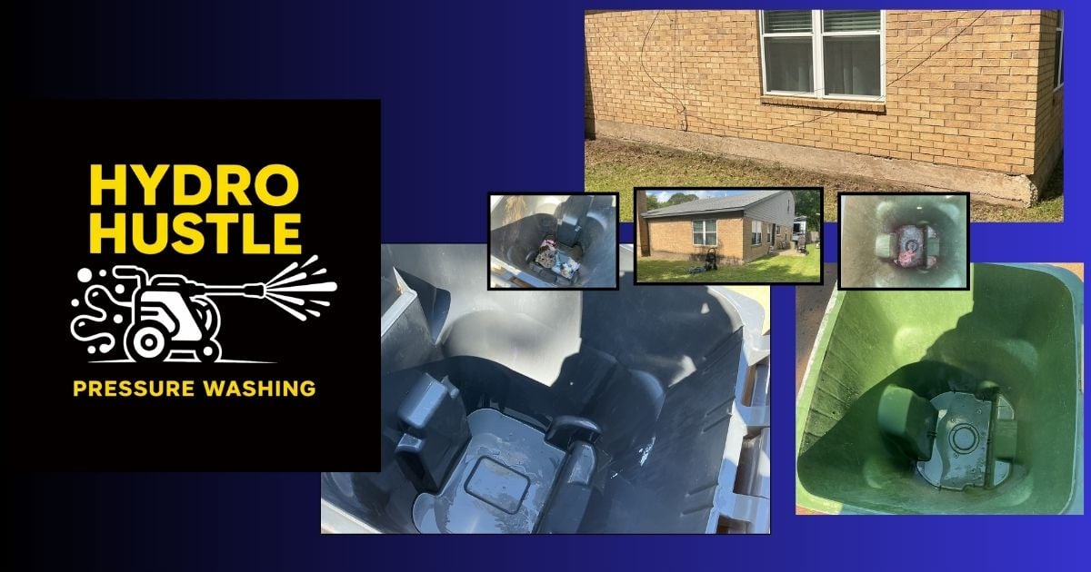 Hydro Hustle pressure washing before and after results in Arlington, Texas, including brick house washing and trash bin cleaning
